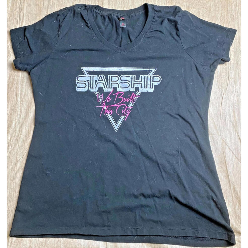 Women's Starship We Built this City Tshirt Short Sleeve V neck Black Retro Rock